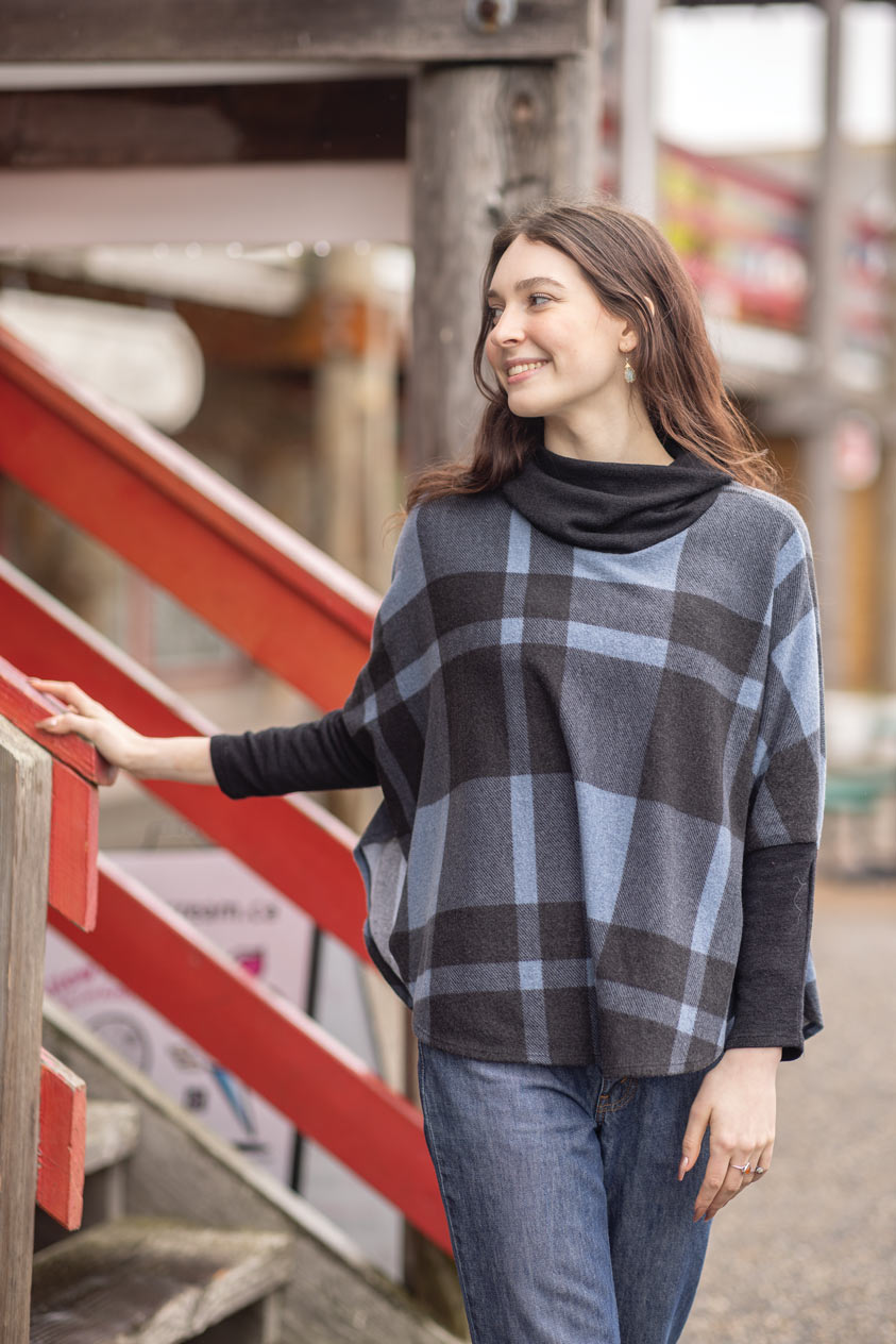 ST-13320 - Plaid Poncho Style Cowl Neck Sweater